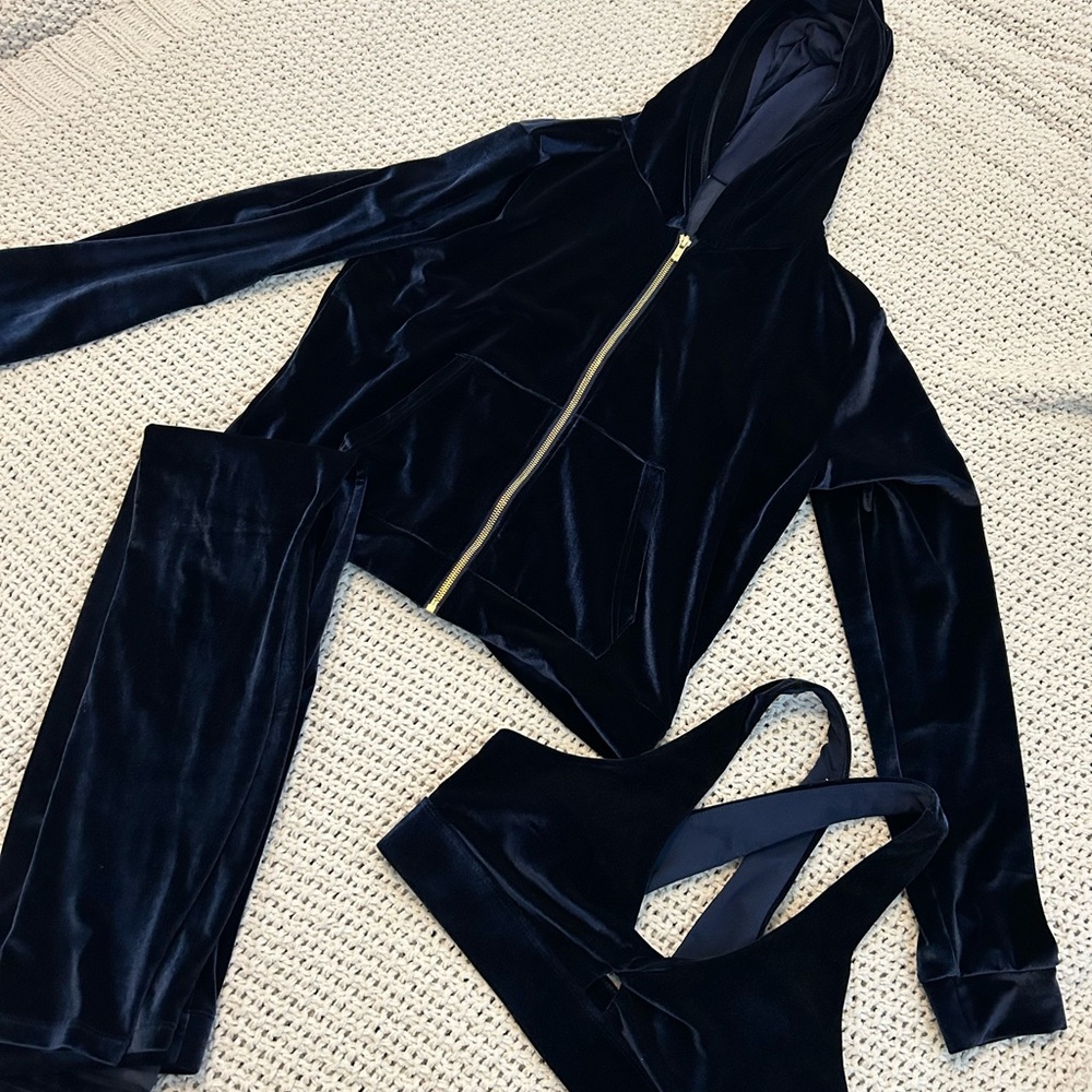 Fabletics Navy Velvet Hooded Jogger Set with Gold Zip
